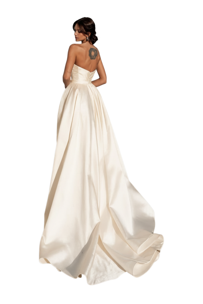 JASE Heart Radiant Bow strapless ivory satin wedding gown with a voluminous pleated skirt and elegant train