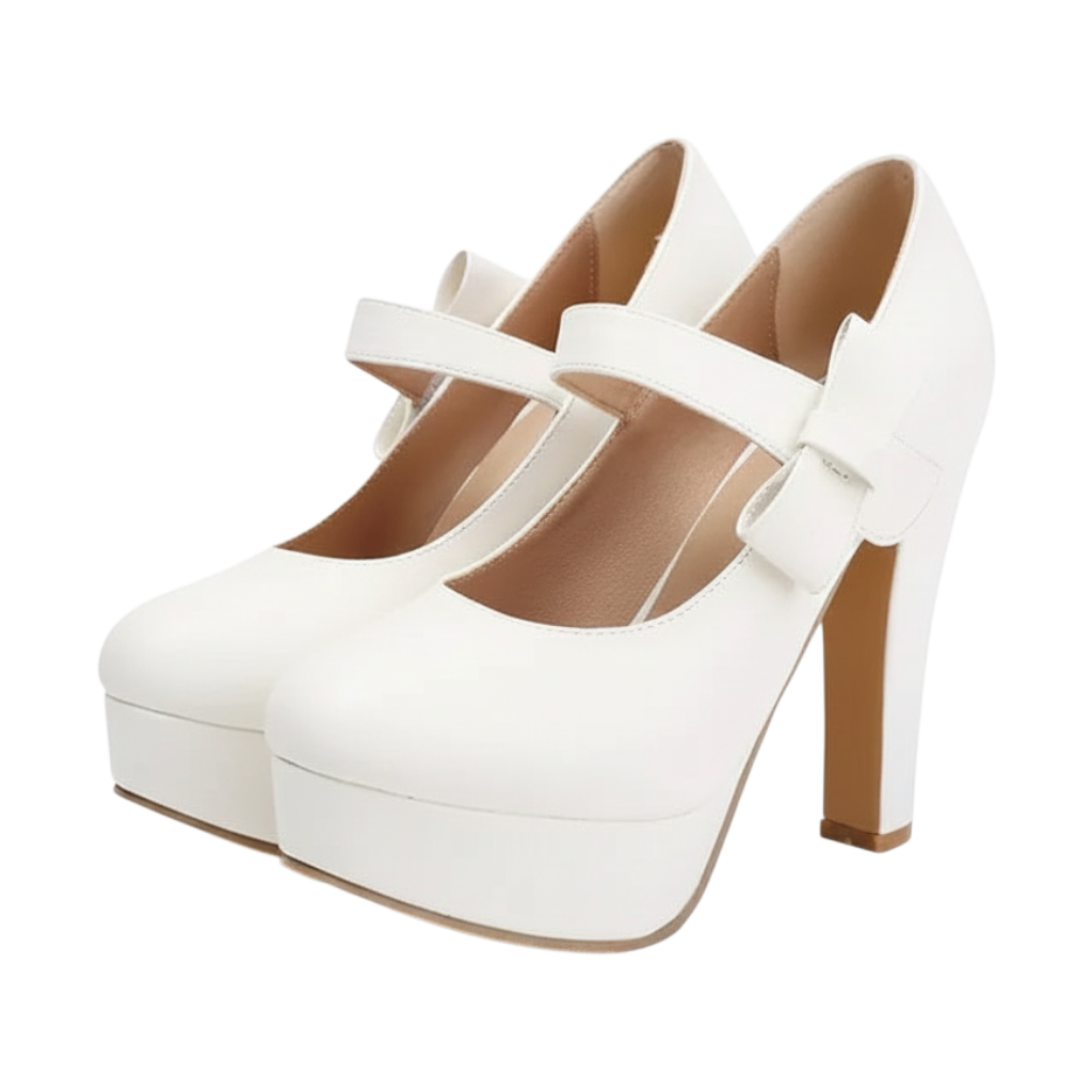 JASE Heart white platform Mary Jane heels with a block heel and bow detail on the strap