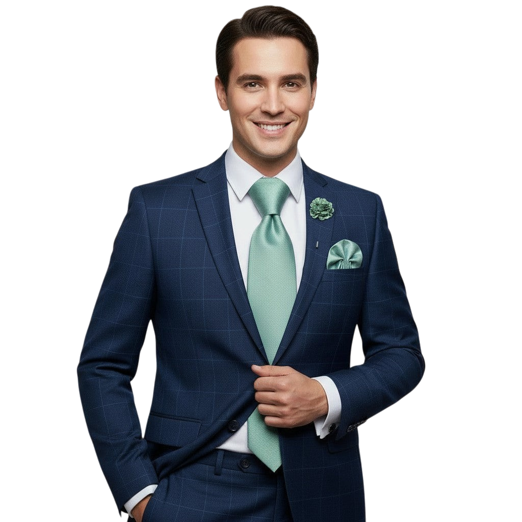 JASE HEART GLOBAL man in a navy blue plaid suit wearing a sage green silk necktie and matching pocket square