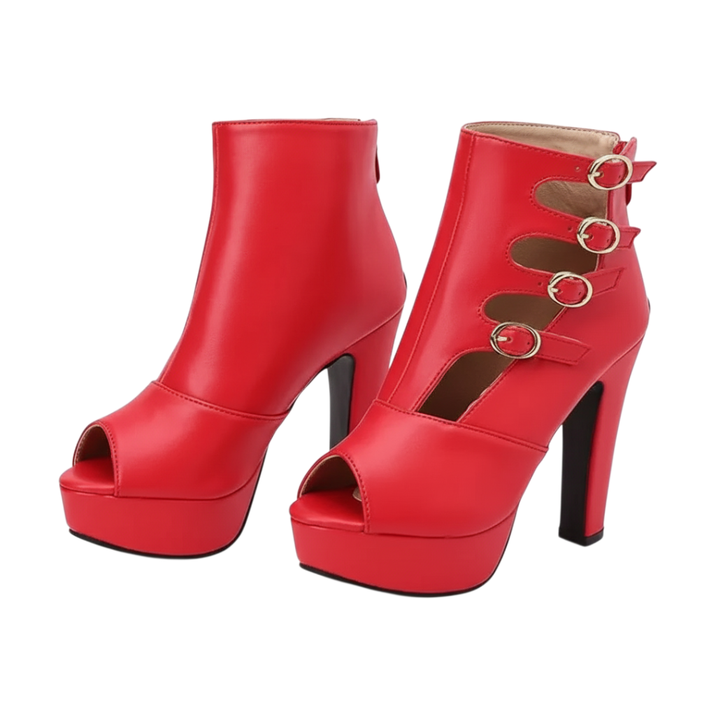 JASE Heart Radiant Gladiator red peep-toe platform ankle boots with side buckle straps and high heels