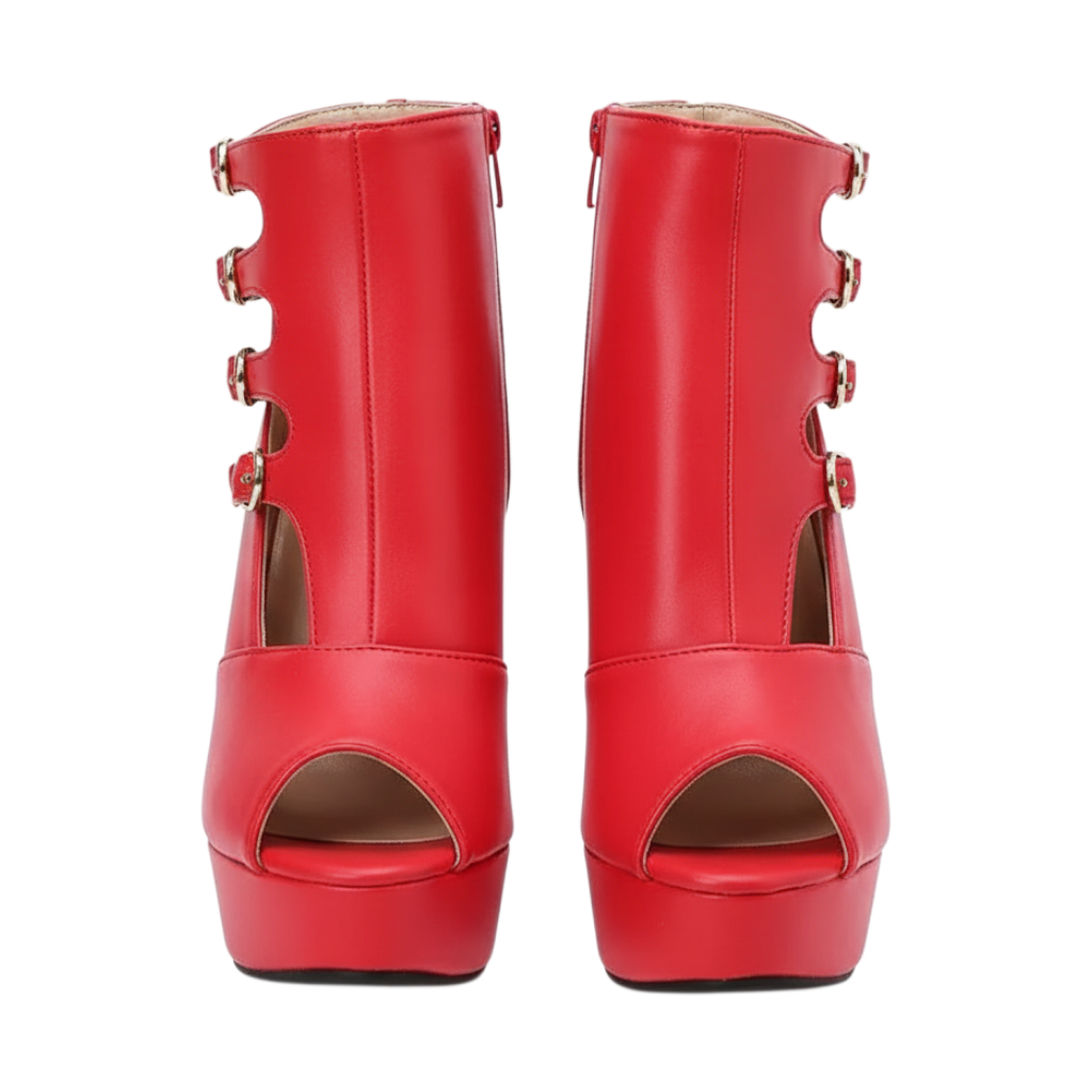 JASE Heart Radiant Gladiator red platform peep-toe booties with side buckle straps and zipper closure