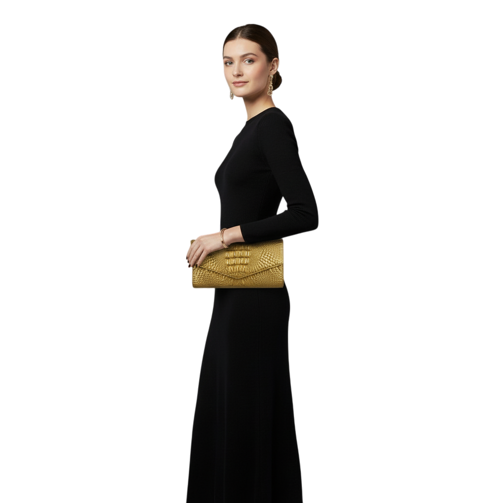 A woman in a black dress holding a JASE HEART GLOBAL gold crocodile-embossed leather envelope clutch bag