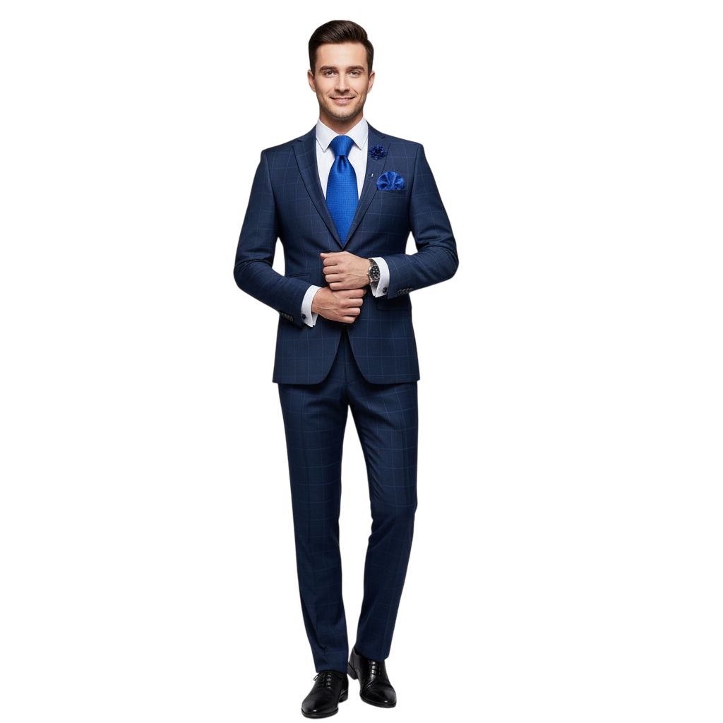 JASE HEART GLOBAL man in a navy blue plaid suit with a bright blue silk tie and matching pocket square