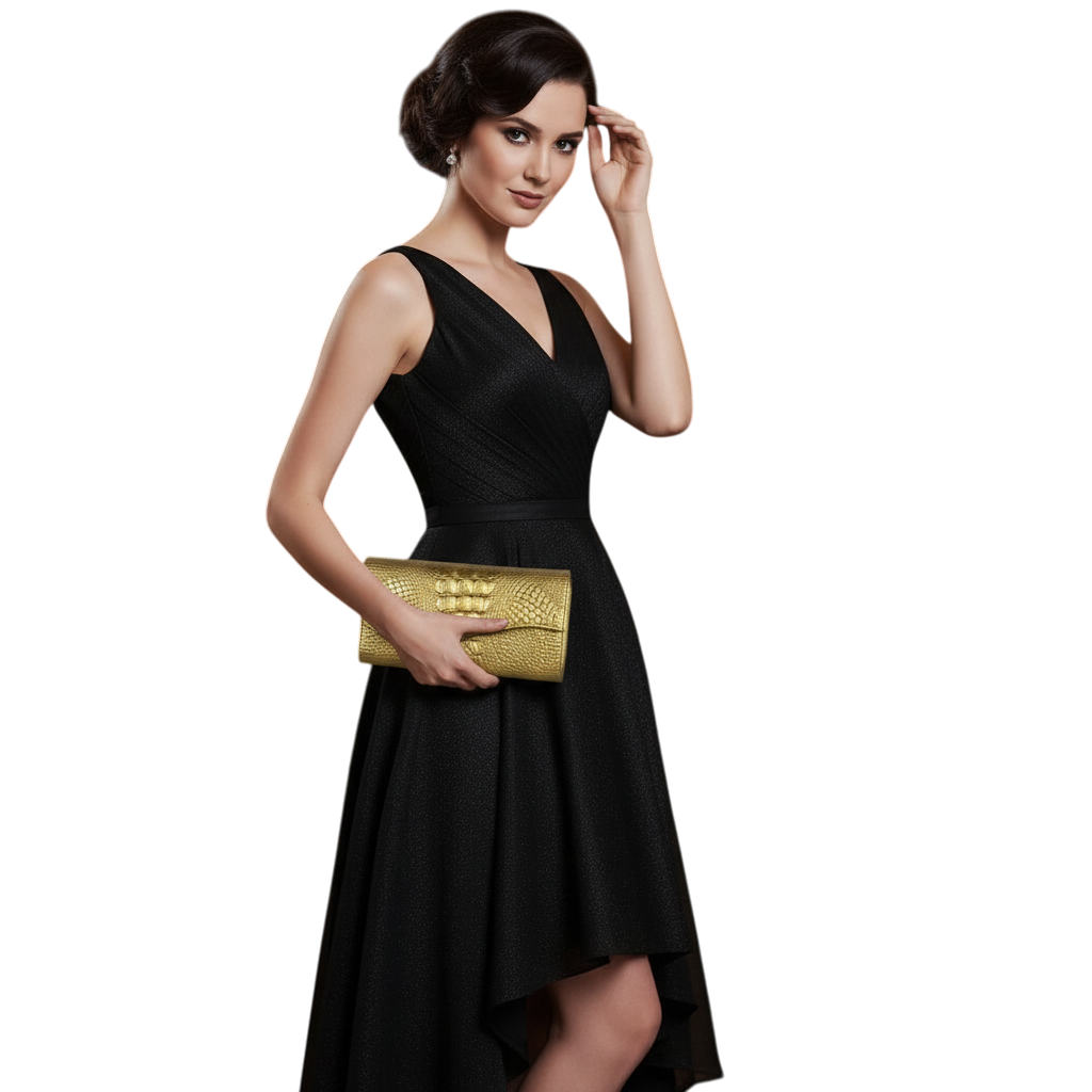 JASE HEART GLOBAL elegant woman in a black dress holding a gold textured envelope clutch for a formal evening event