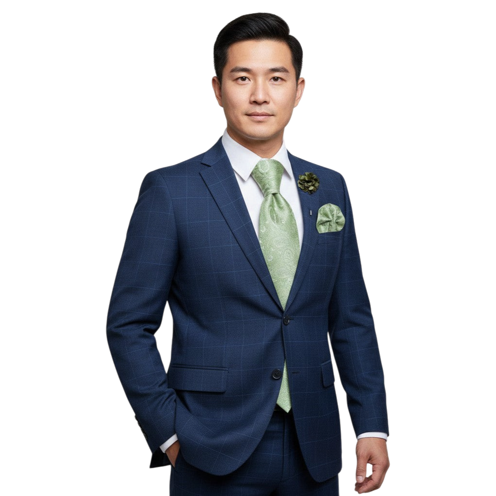 JASE HEART GLOBAL man in a navy blue windowpane suit with a sage green paisley silk tie and matching pocket square