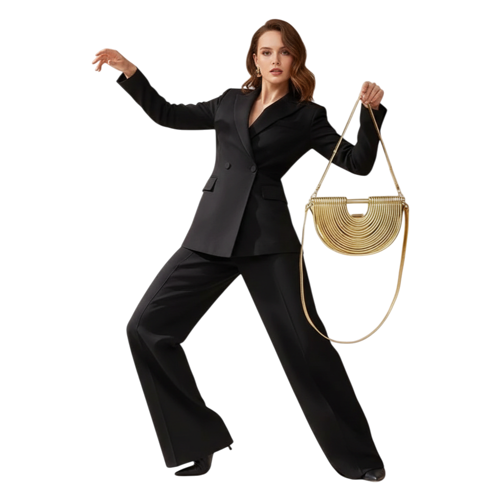 JASE HEART GLOBAL Liquid Half-Moon gold metal structured handbag held by a woman in a black suit