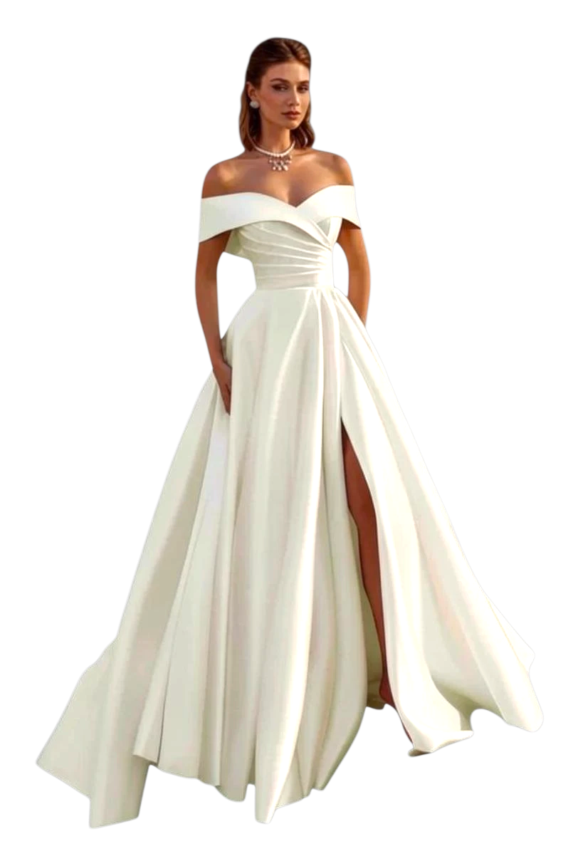 JASE Heart Celestial Slit white satin off-the-shoulder wedding dress with a pleated bodice and high leg slit.