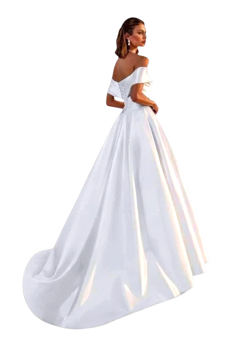 JASE Heart white satin off-the-shoulder wedding dress with a corset back and a long flowing train