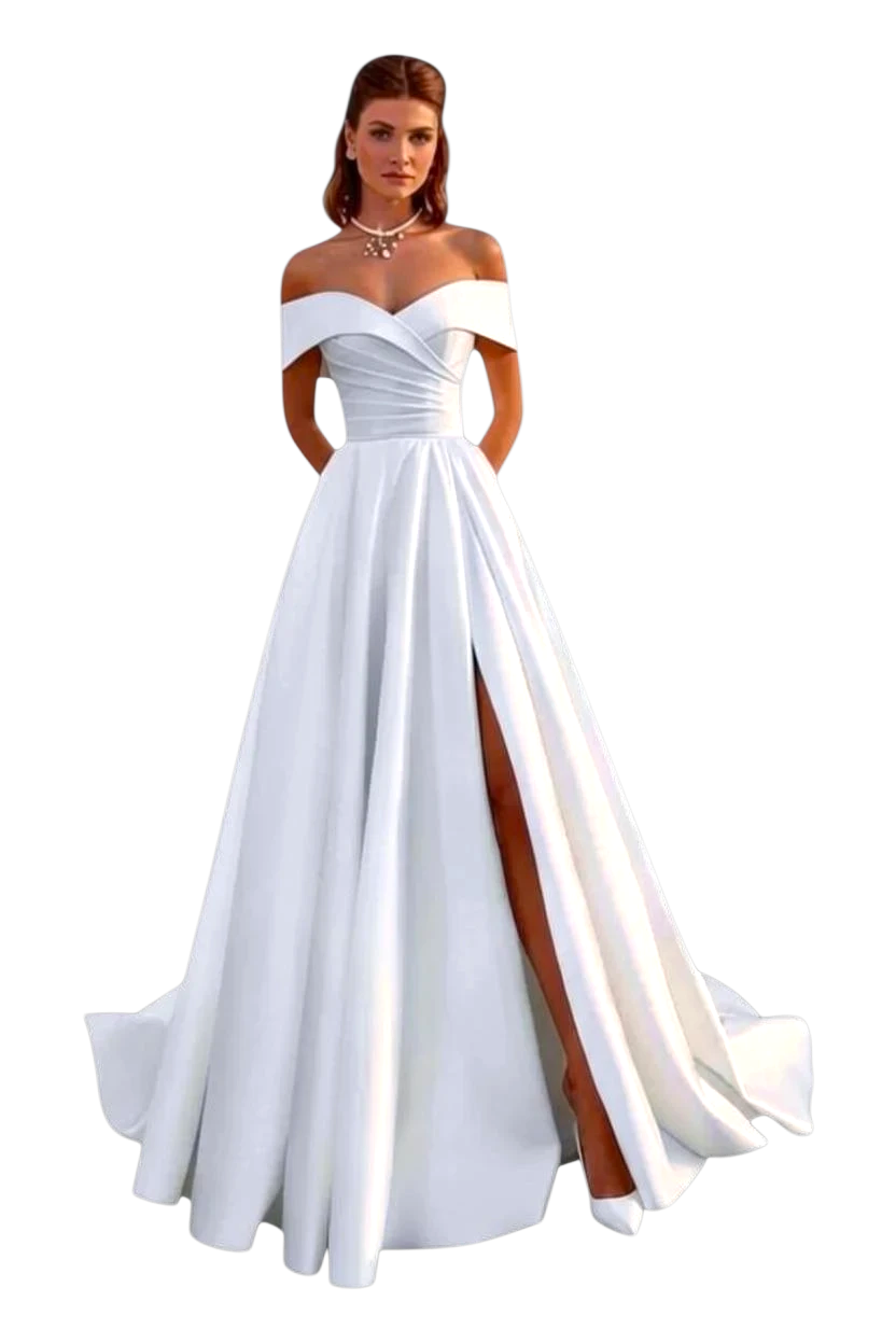 JASE Heart white satin off-the-shoulder wedding dress with a pleated bodice and a high leg slit