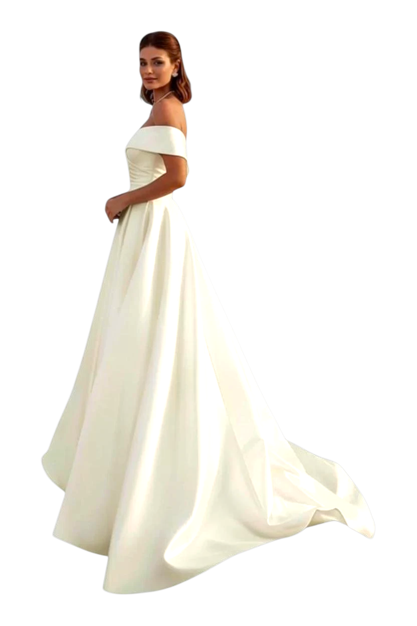 JASE Heart off-the-shoulder white satin wedding dress with a floor-length A-line skirt and elegant train.