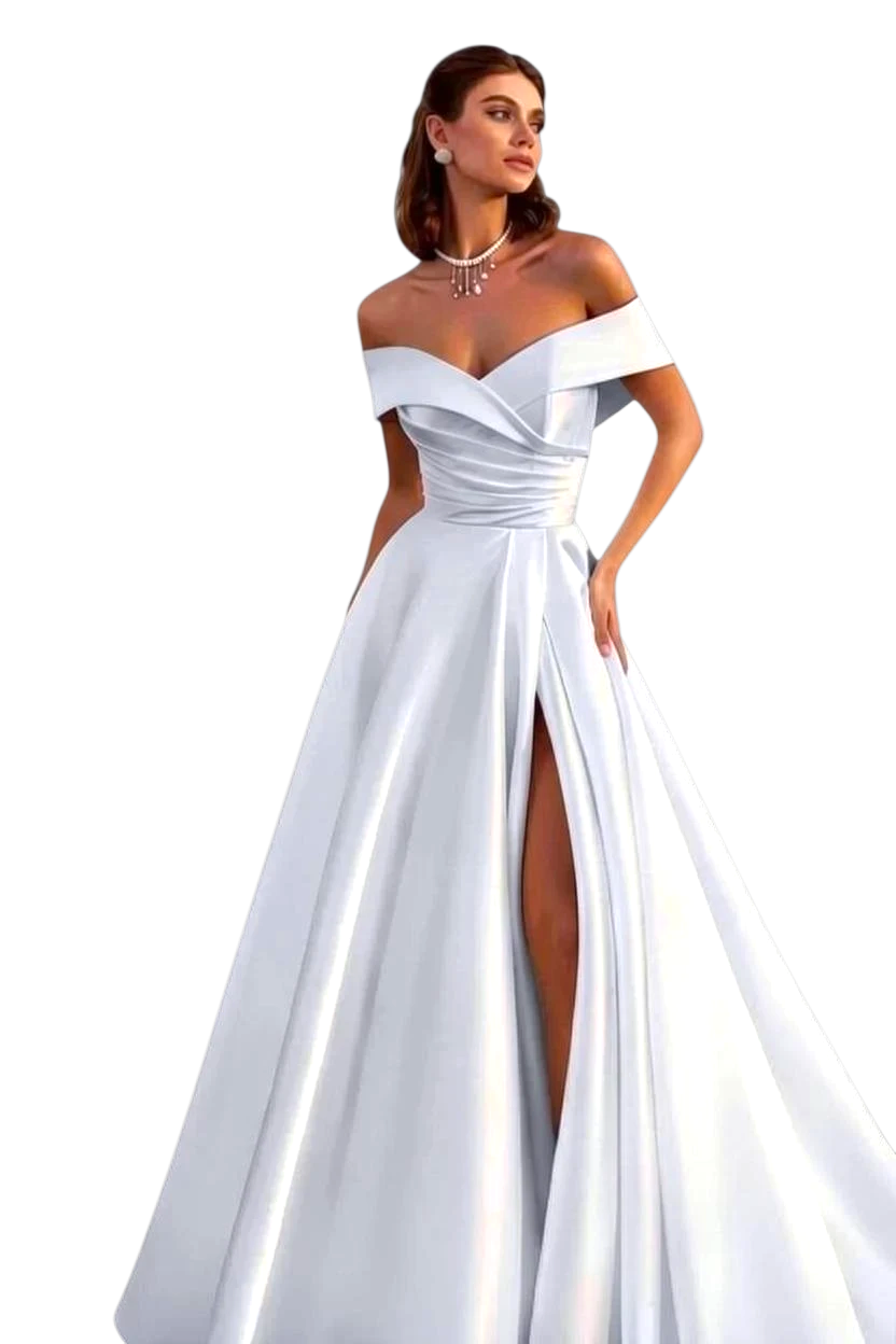 JASE Heart white satin wedding dress with off-the-shoulder neckline, pleated bodice, and high leg slit