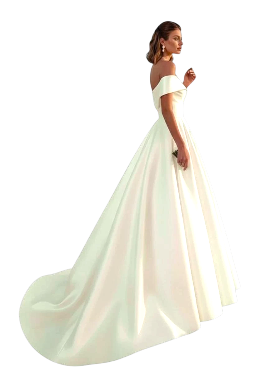 JASE Heart off-the-shoulder white satin wedding dress with a full A-line skirt and elegant train.