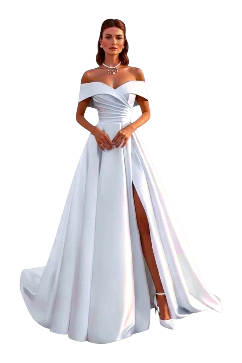 JASE Heart white satin off-the-shoulder wedding dress with a high leg slit and elegant pleated bodice